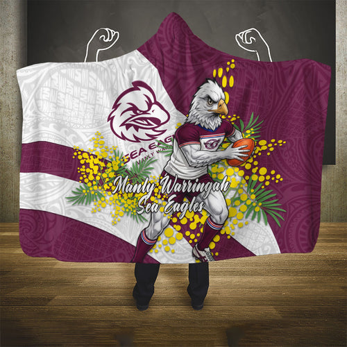 Manly Warringah Sea Eagles Hooded Blanket Golden Wattle Floral Polynesian - Australian Flower - Rugby Mascot