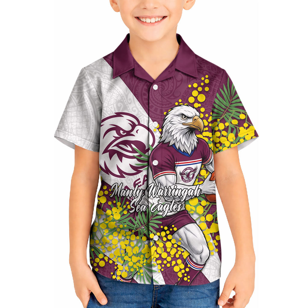 Manly Warringah Sea Eagles Kid Hawaiian Shirt Golden Wattle Floral Polynesian - Australian Flower - Rugby Mascot