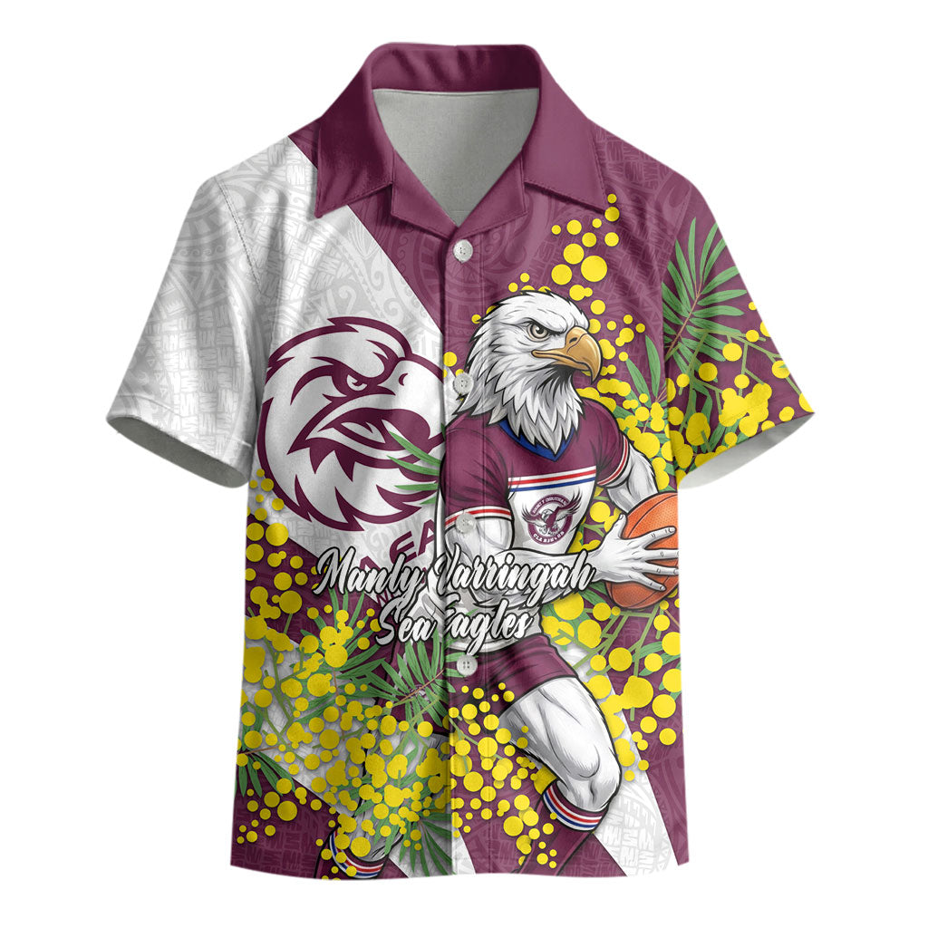 Manly Warringah Sea Eagles Kid Hawaiian Shirt Golden Wattle Floral Polynesian - Australian Flower - Rugby Mascot