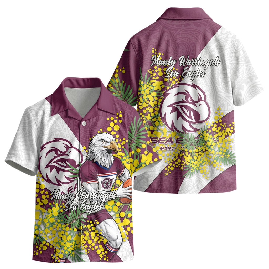 Manly Warringah Sea Eagles Kid Hawaiian Shirt Golden Wattle Floral Polynesian - Australian Flower - Rugby Mascot