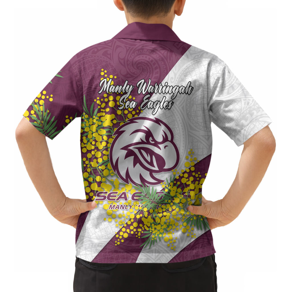 Manly Warringah Sea Eagles Kid Hawaiian Shirt Golden Wattle Floral Polynesian - Australian Flower - Rugby Mascot