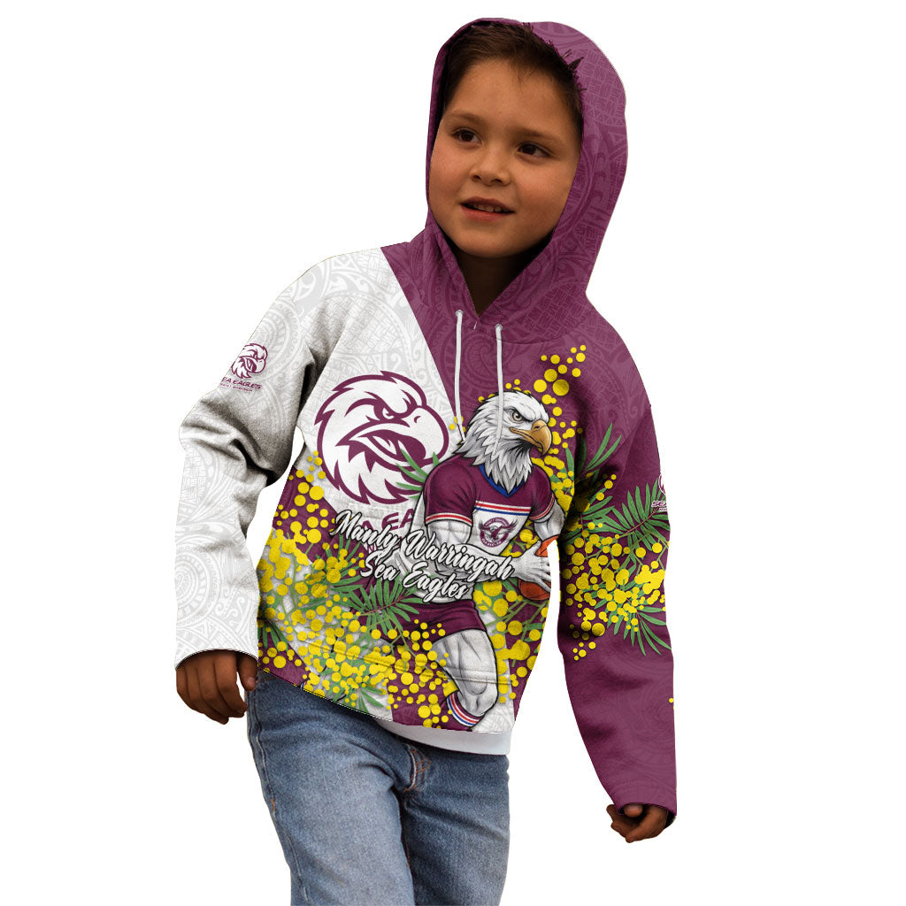 Manly Warringah Sea Eagles Kid Hoodie Golden Wattle Floral Polynesian - Australian Flower - Rugby Mascot