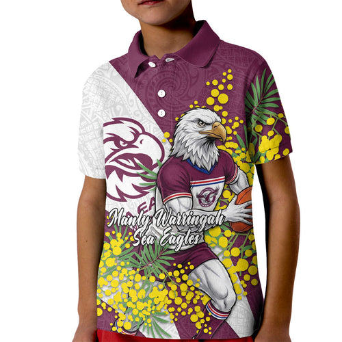 Manly Warringah Sea Eagles Kid Polo Shirt Golden Wattle Floral Polynesian - Australian Flower - Rugby Mascot