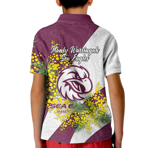 Manly Warringah Sea Eagles Kid Polo Shirt Golden Wattle Floral Polynesian - Australian Flower - Rugby Mascot