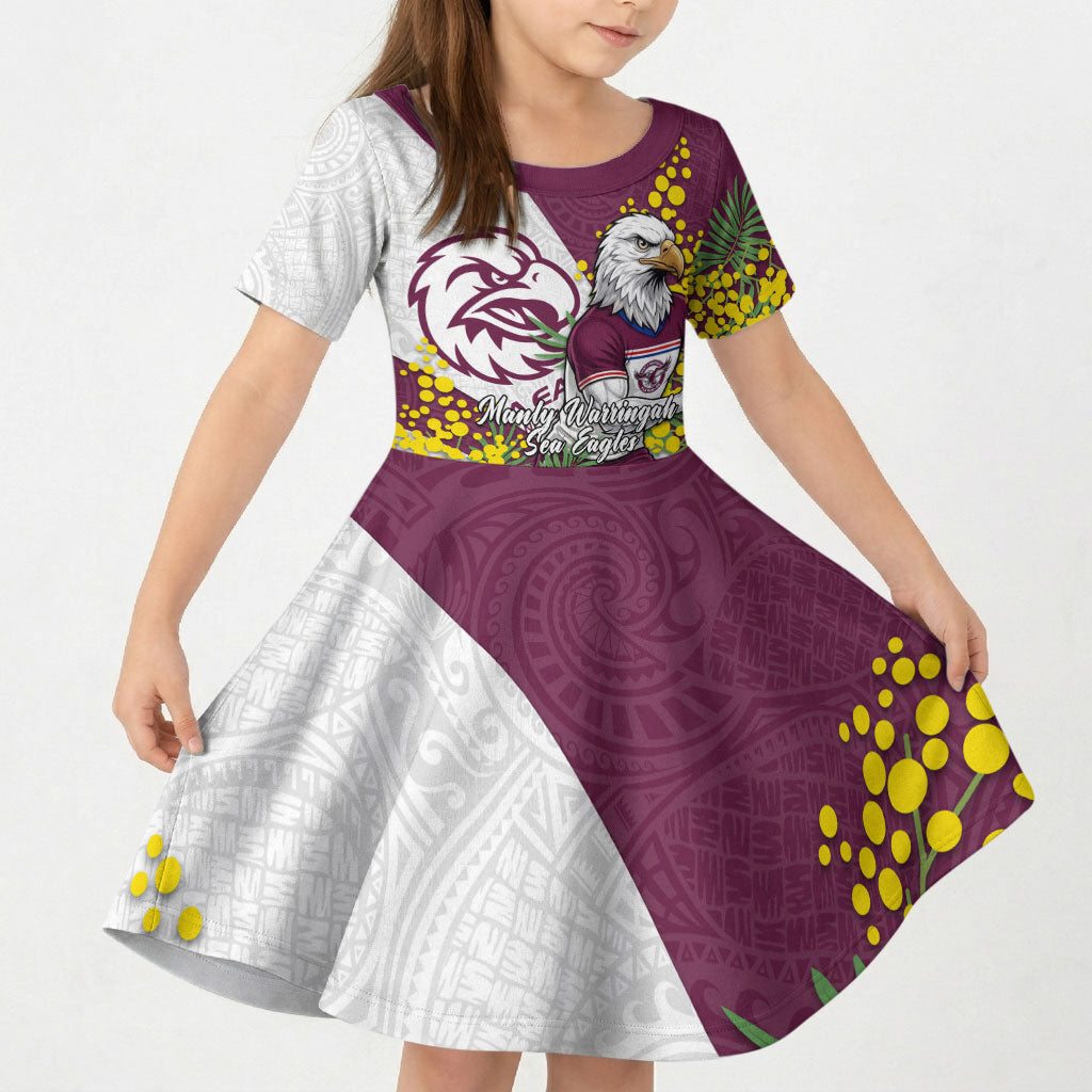 Manly Warringah Sea Eagles Kid Short Sleeve Dress Golden Wattle Floral Polynesian - Australian Flower - Rugby Mascot