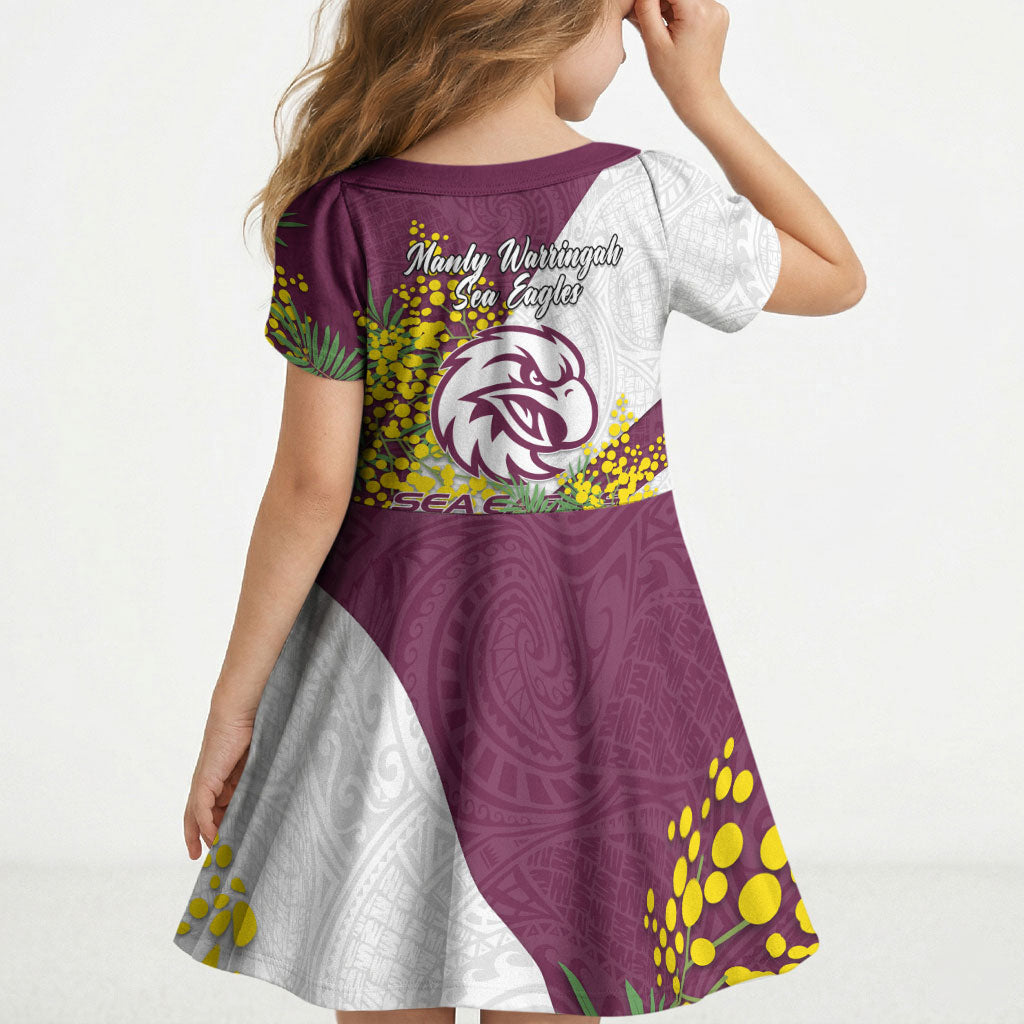 Manly Warringah Sea Eagles Kid Short Sleeve Dress Golden Wattle Floral Polynesian - Australian Flower - Rugby Mascot
