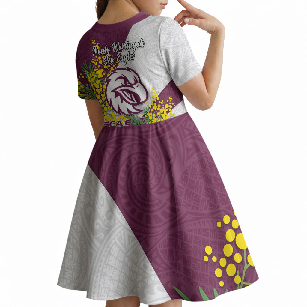 Manly Warringah Sea Eagles Kid Short Sleeve Dress Golden Wattle Floral Polynesian - Australian Flower - Rugby Mascot