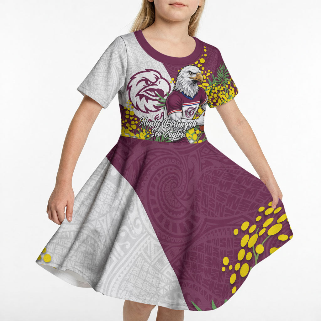 Manly Warringah Sea Eagles Kid Short Sleeve Dress Golden Wattle Floral Polynesian - Australian Flower - Rugby Mascot