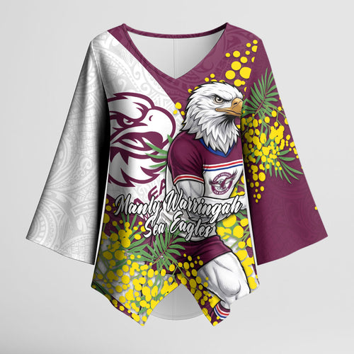 Manly Warringah Sea Eagles Kimono Sleeve Blouse Golden Wattle Floral Polynesian - Australian Flower - Rugby Mascot