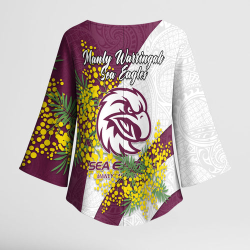 Manly Warringah Sea Eagles Kimono Sleeve Blouse Golden Wattle Floral Polynesian - Australian Flower - Rugby Mascot