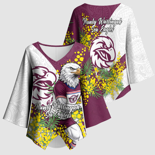 Manly Warringah Sea Eagles Kimono Sleeve Blouse Golden Wattle Floral Polynesian - Australian Flower - Rugby Mascot