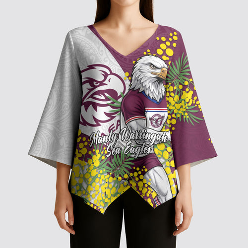 Manly Warringah Sea Eagles Kimono Sleeve Blouse Golden Wattle Floral Polynesian - Australian Flower - Rugby Mascot