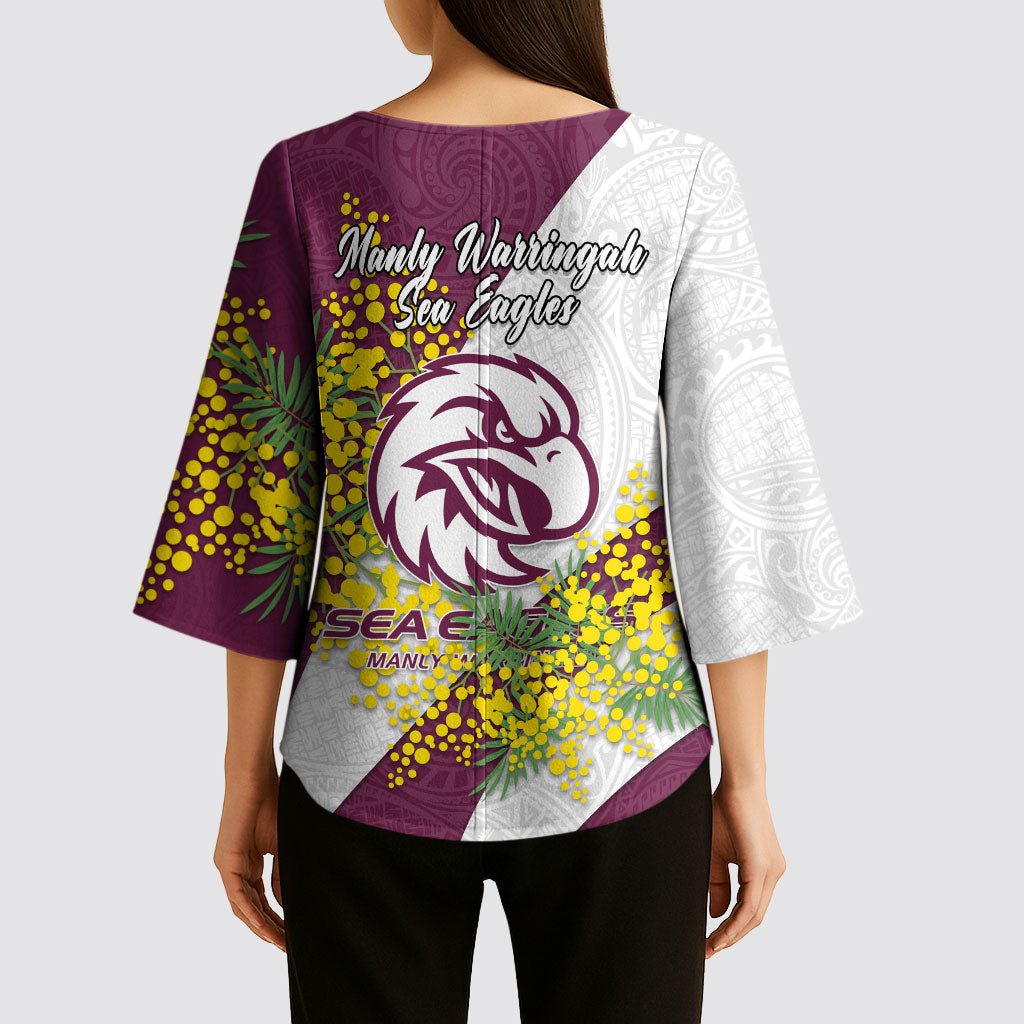 Manly Warringah Sea Eagles Kimono Sleeve Blouse Golden Wattle Floral Polynesian - Australian Flower - Rugby Mascot