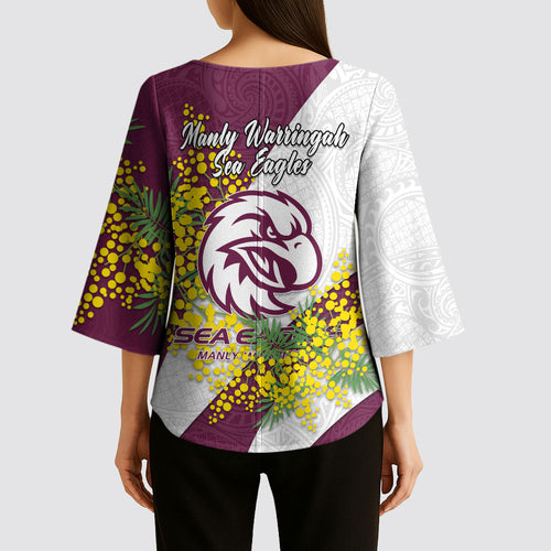 Manly Warringah Sea Eagles Kimono Sleeve Blouse Golden Wattle Floral Polynesian - Australian Flower - Rugby Mascot