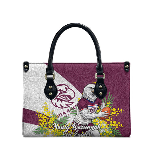 Manly Warringah Sea Eagles Leather Bag Golden Wattle Floral Polynesian - Australian Flower - Rugby Mascot