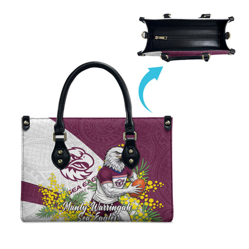 Manly Warringah Sea Eagles Leather Bag Golden Wattle Floral Polynesian - Australian Flower - Rugby Mascot