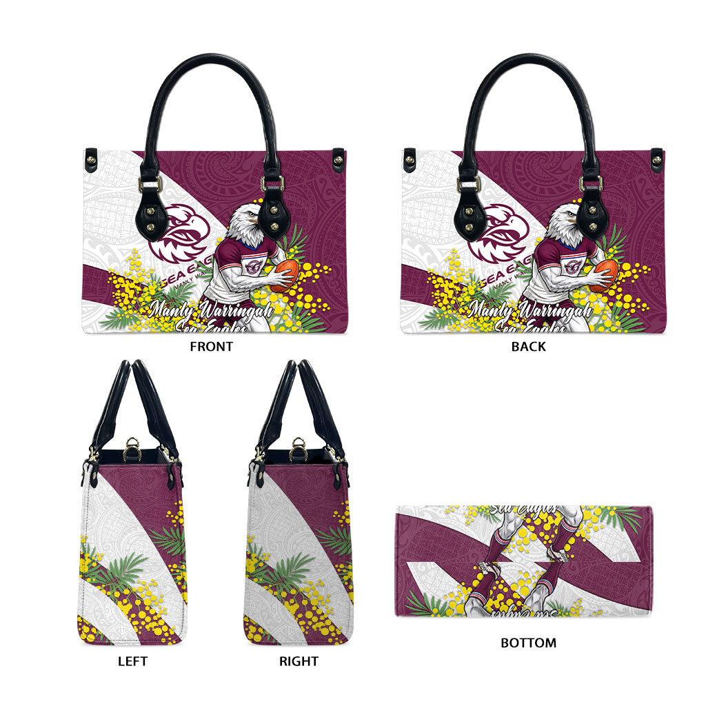 Manly Warringah Sea Eagles Leather Bag Golden Wattle Floral Polynesian - Australian Flower - Rugby Mascot