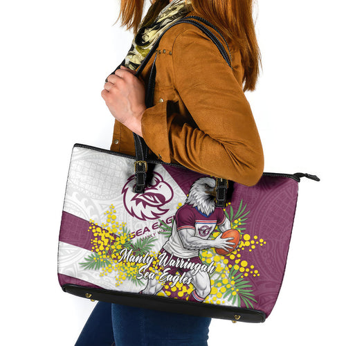 Manly Warringah Sea Eagles Leather Tote Bag Golden Wattle Floral Polynesian - Australian Flower - Rugby Mascot