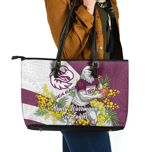 Manly Warringah Sea Eagles Leather Tote Bag Golden Wattle Floral Polynesian - Australian Flower - Rugby Mascot