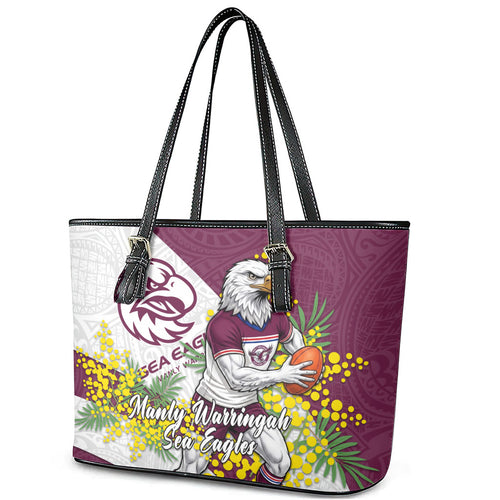 Manly Warringah Sea Eagles Leather Tote Bag Golden Wattle Floral Polynesian - Australian Flower - Rugby Mascot