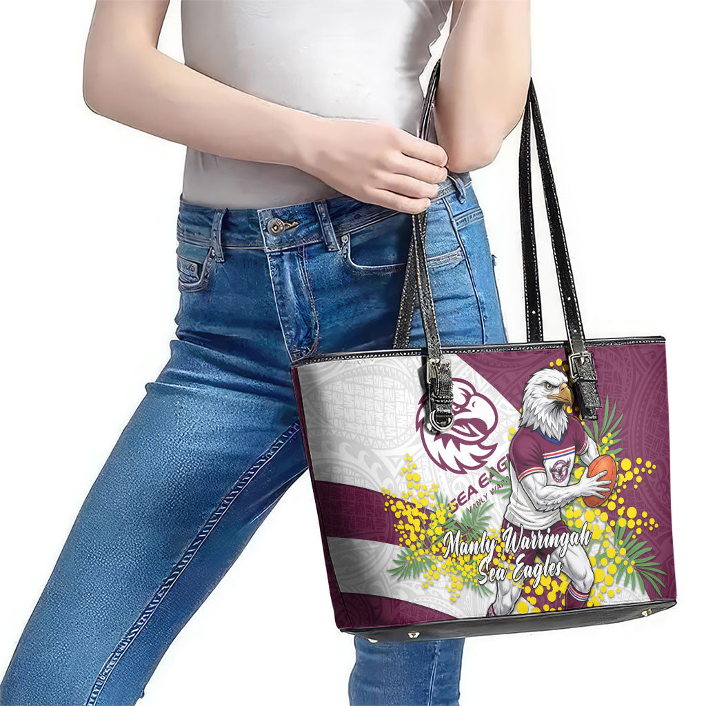 Manly Warringah Sea Eagles Leather Tote Bag Golden Wattle Floral Polynesian - Australian Flower - Rugby Mascot