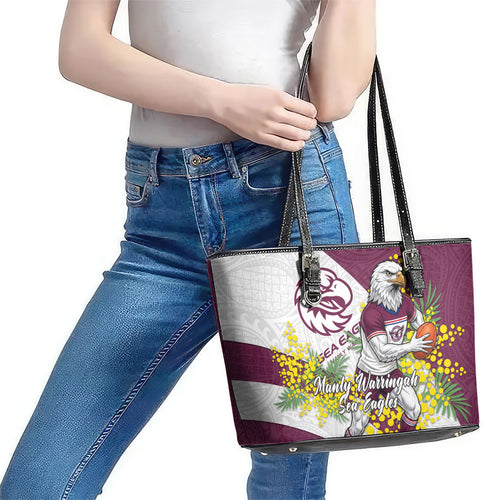 Manly Warringah Sea Eagles Leather Tote Bag Golden Wattle Floral Polynesian - Australian Flower - Rugby Mascot