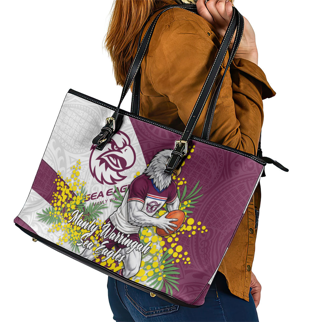 Manly Warringah Sea Eagles Leather Tote Bag Golden Wattle Floral Polynesian - Australian Flower - Rugby Mascot