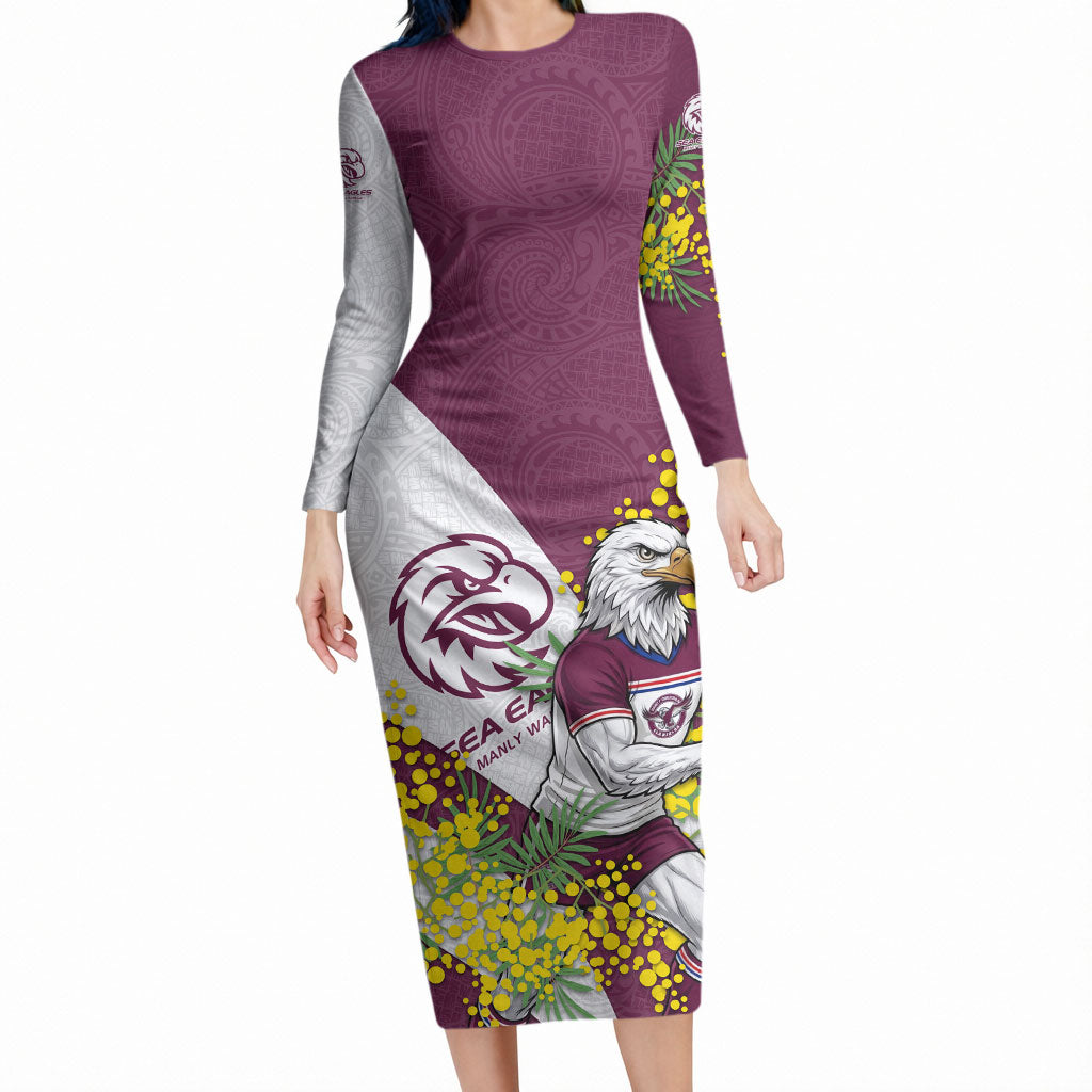 Manly Warringah Sea Eagles Long Sleeve Bodycon Dress Golden Wattle Floral Polynesian - Australian Flower - Rugby Mascot