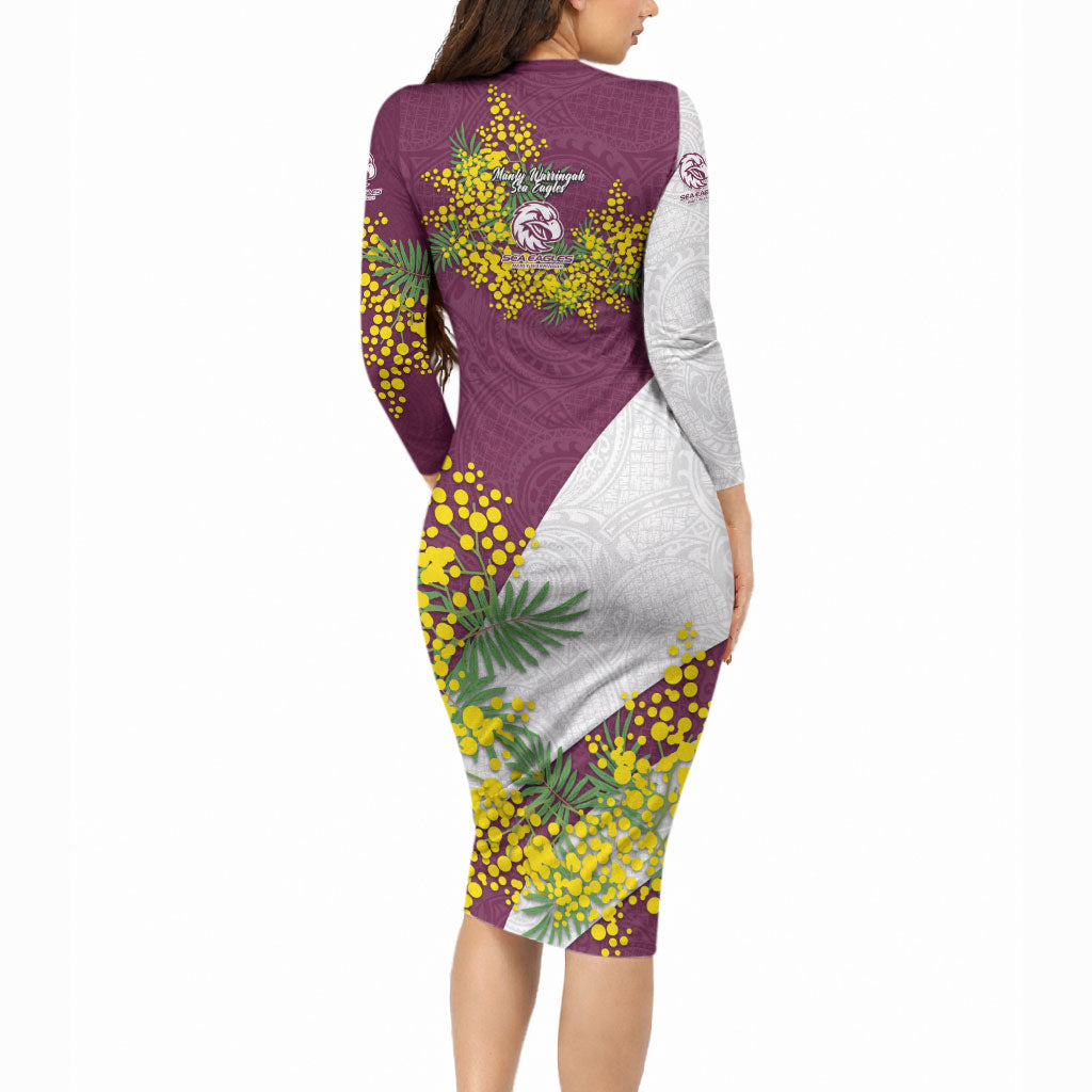Manly Warringah Sea Eagles Long Sleeve Bodycon Dress Golden Wattle Floral Polynesian - Australian Flower - Rugby Mascot