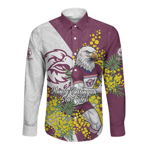Manly Warringah Sea Eagles Long Sleeve Button Shirt Golden Wattle Floral Polynesian - Australian Flower - Rugby Mascot