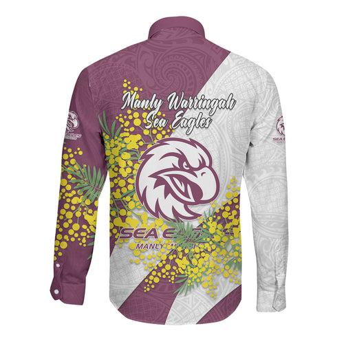 Manly Warringah Sea Eagles Long Sleeve Button Shirt Golden Wattle Floral Polynesian - Australian Flower - Rugby Mascot