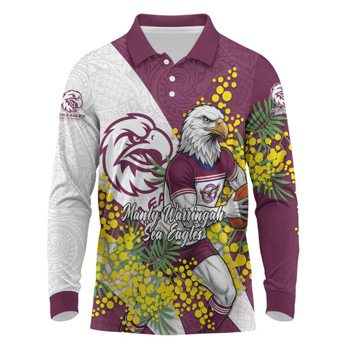 Manly Warringah Sea Eagles Long Sleeve Polo Shirt Golden Wattle Floral Polynesian - Australian Flower - Rugby Mascot