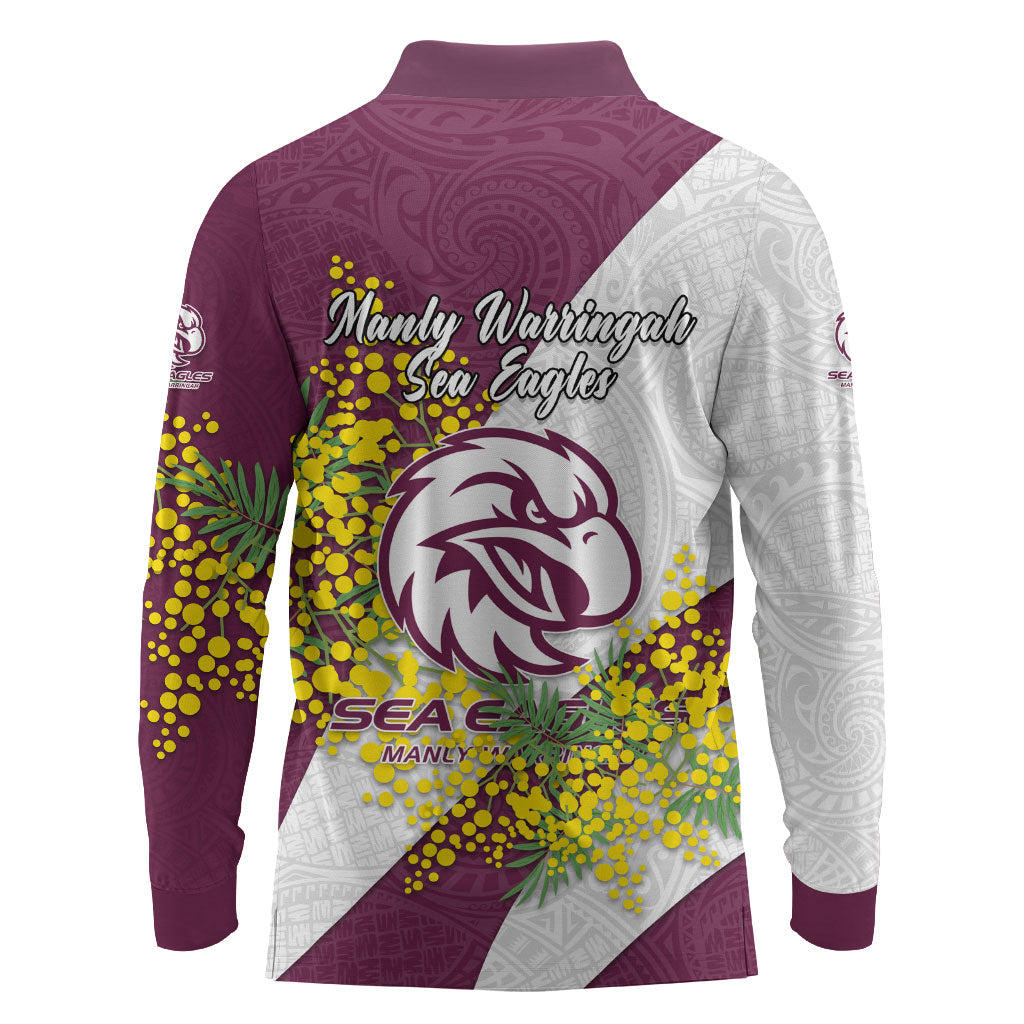 Manly Warringah Sea Eagles Long Sleeve Polo Shirt Golden Wattle Floral Polynesian - Australian Flower - Rugby Mascot