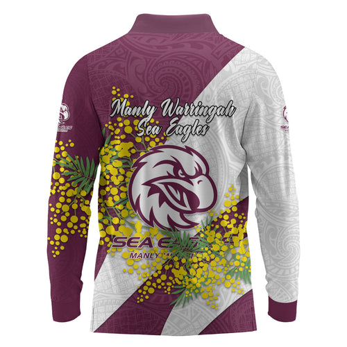 Manly Warringah Sea Eagles Long Sleeve Polo Shirt Golden Wattle Floral Polynesian - Australian Flower - Rugby Mascot