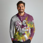 Manly Warringah Sea Eagles Long Sleeve Polo Shirt Golden Wattle Floral Polynesian - Australian Flower - Rugby Mascot