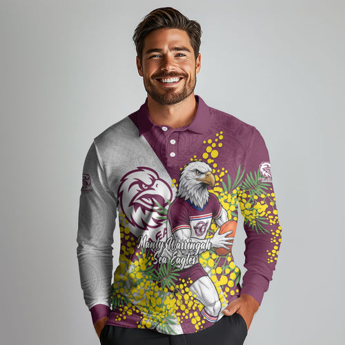 Manly Warringah Sea Eagles Long Sleeve Polo Shirt Golden Wattle Floral Polynesian - Australian Flower - Rugby Mascot