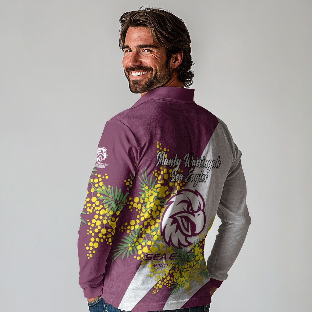 Manly Warringah Sea Eagles Long Sleeve Polo Shirt Golden Wattle Floral Polynesian - Australian Flower - Rugby Mascot