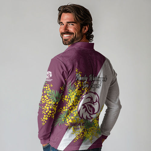 Manly Warringah Sea Eagles Long Sleeve Polo Shirt Golden Wattle Floral Polynesian - Australian Flower - Rugby Mascot