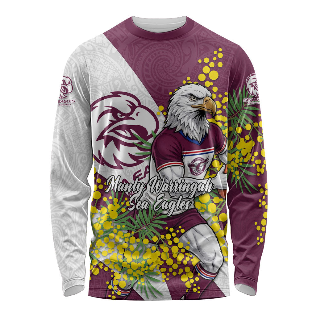 Manly Warringah Sea Eagles Long Sleeve Shirt Golden Wattle Floral Polynesian - Australian Flower - Rugby Mascot