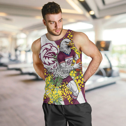 Manly Warringah Sea Eagles Men Tank Top Golden Wattle Floral Polynesian - Australian Flower - Rugby Mascot