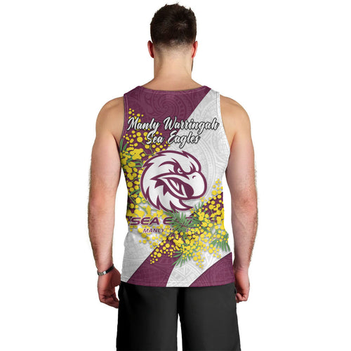 Manly Warringah Sea Eagles Men Tank Top Golden Wattle Floral Polynesian - Australian Flower - Rugby Mascot