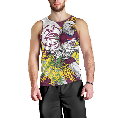 Manly Warringah Sea Eagles Men Tank Top Golden Wattle Floral Polynesian - Australian Flower - Rugby Mascot