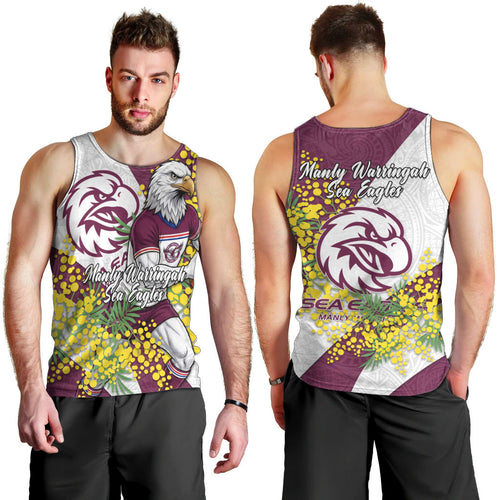 Manly Warringah Sea Eagles Men Tank Top Golden Wattle Floral Polynesian - Australian Flower - Rugby Mascot