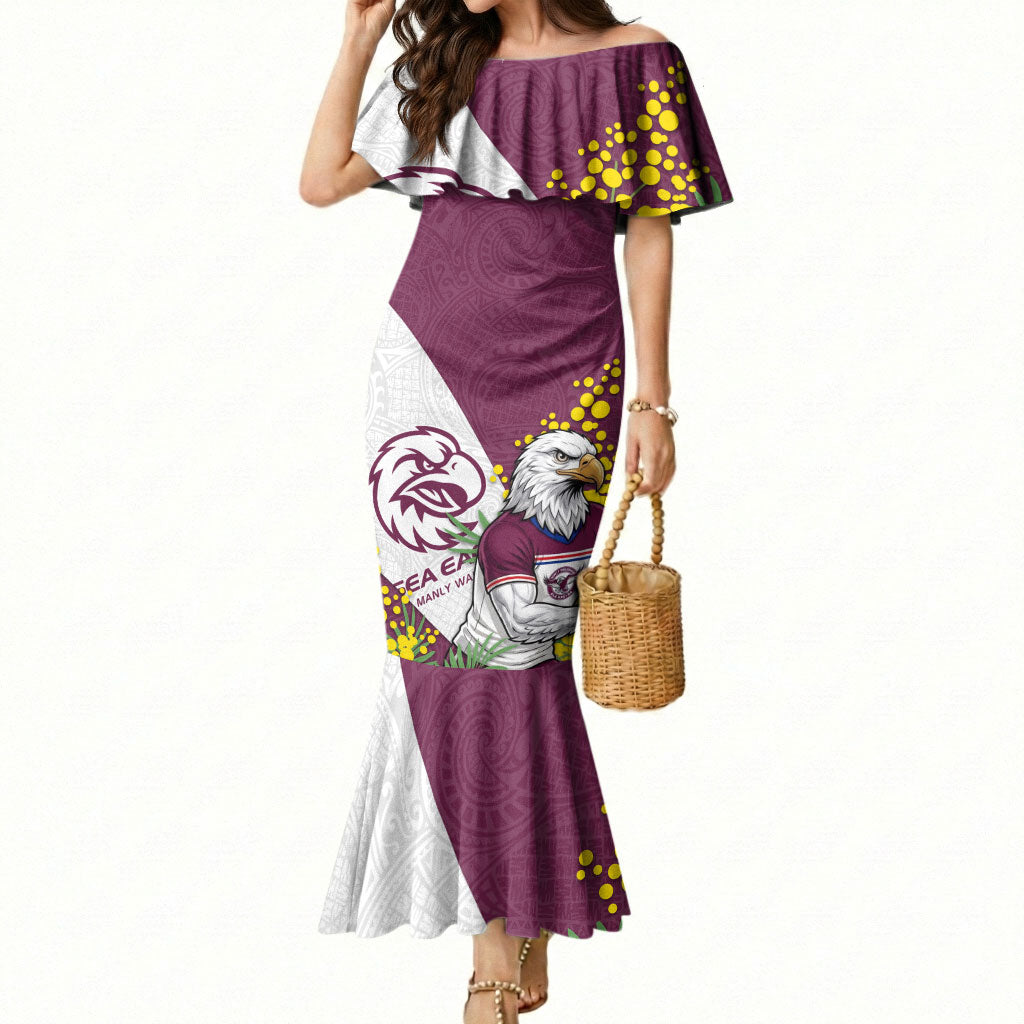 Manly Warringah Sea Eagles Mermaid Dress Golden Wattle Floral Polynesian - Australian Flower - Rugby Mascot