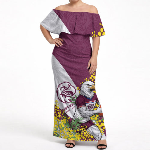 Manly Warringah Sea Eagles Off Shoulder Maxi Dress Golden Wattle Floral Polynesian - Australian Flower - Rugby Mascot