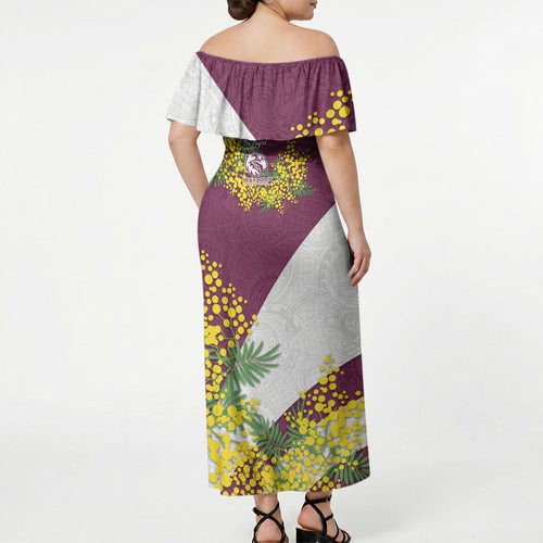 Manly Warringah Sea Eagles Off Shoulder Maxi Dress Golden Wattle Floral Polynesian - Australian Flower - Rugby Mascot