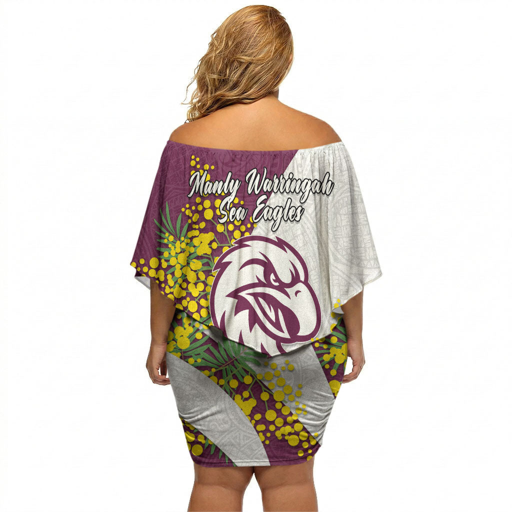 Manly Warringah Sea Eagles Off Shoulder Short Dress Golden Wattle Floral Polynesian - Australian Flower - Rugby Mascot