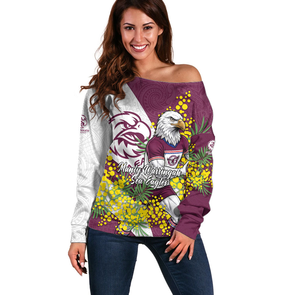 Manly Warringah Sea Eagles Off Shoulder Sweater Golden Wattle Floral Polynesian - Australian Flower - Rugby Mascot