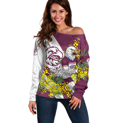 Manly Warringah Sea Eagles Off Shoulder Sweater Golden Wattle Floral Polynesian - Australian Flower - Rugby Mascot