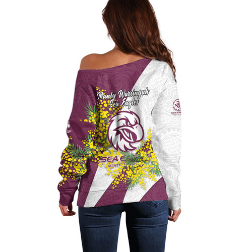 Manly Warringah Sea Eagles Off Shoulder Sweater Golden Wattle Floral Polynesian - Australian Flower - Rugby Mascot